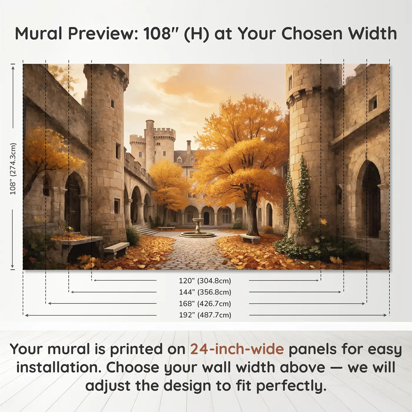 Panel layout and dimensions for Autumn Castle Courtyard Wallpaper Mural by Whimsy Tots