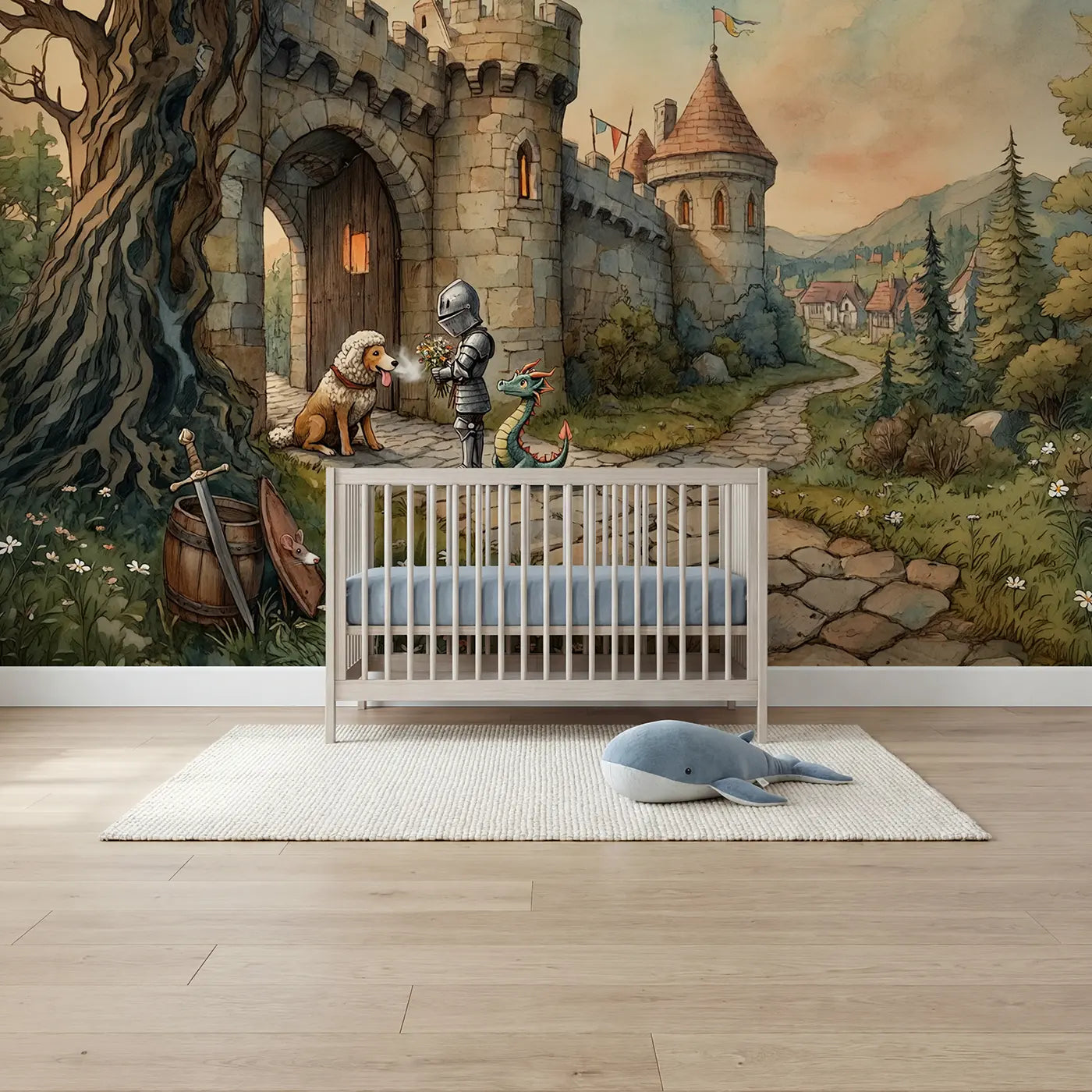Storybook knight and dragon castle wallpaper mural for boys room by Whimsy Tots