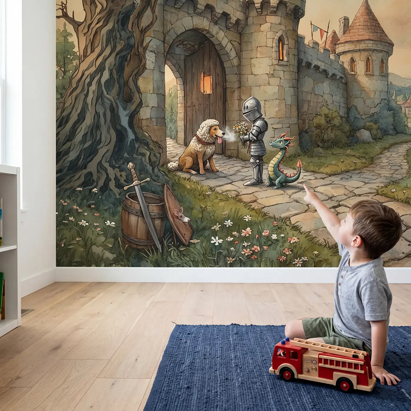 Child in nursery with Brave Knight and Dragon Wallpaper Mural by Whimsy Tots