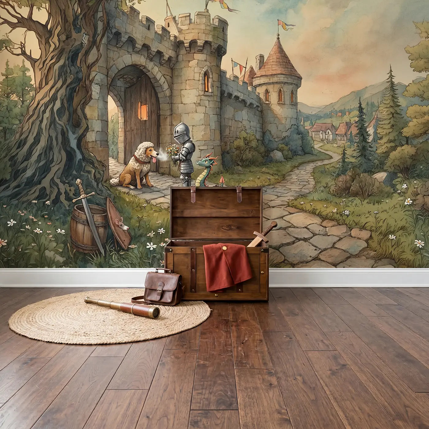 Brave Knight and Dragon Wallpaper Mural in playroom setting by Whimsy Tots