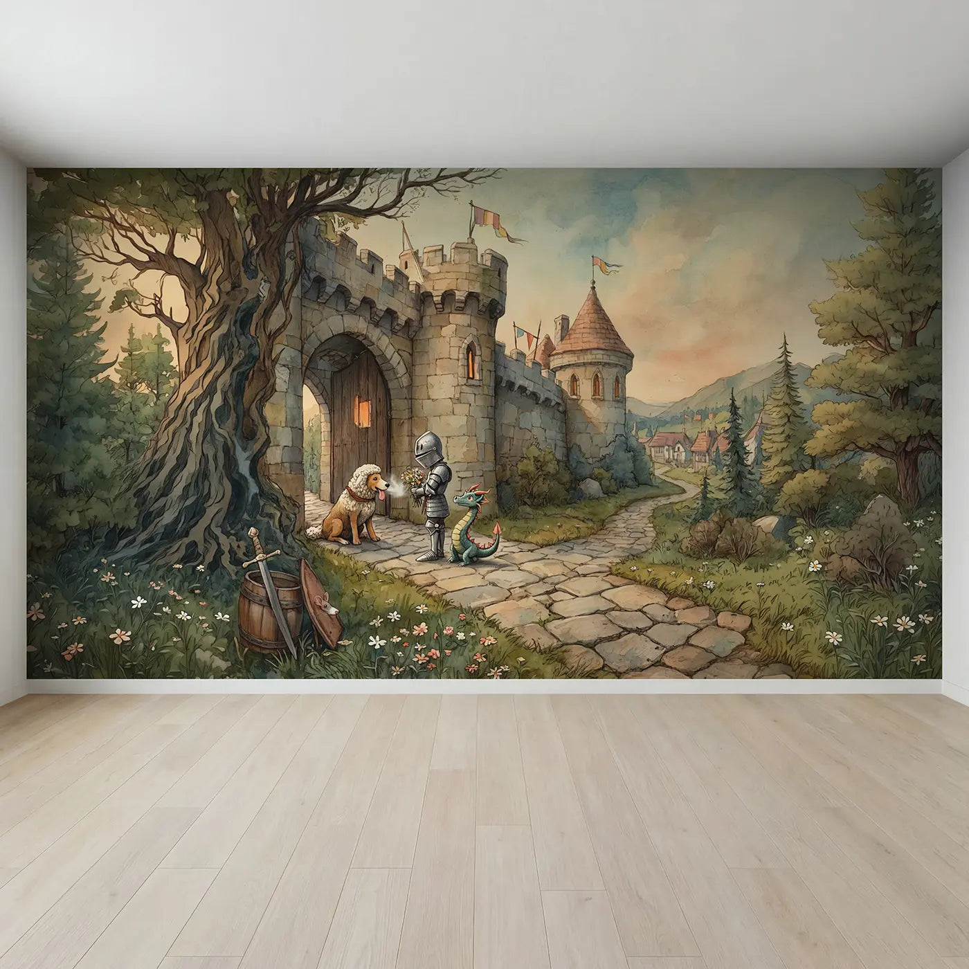 Full view of Brave Knight and Dragon Wallpaper Mural by Whimsy Tots