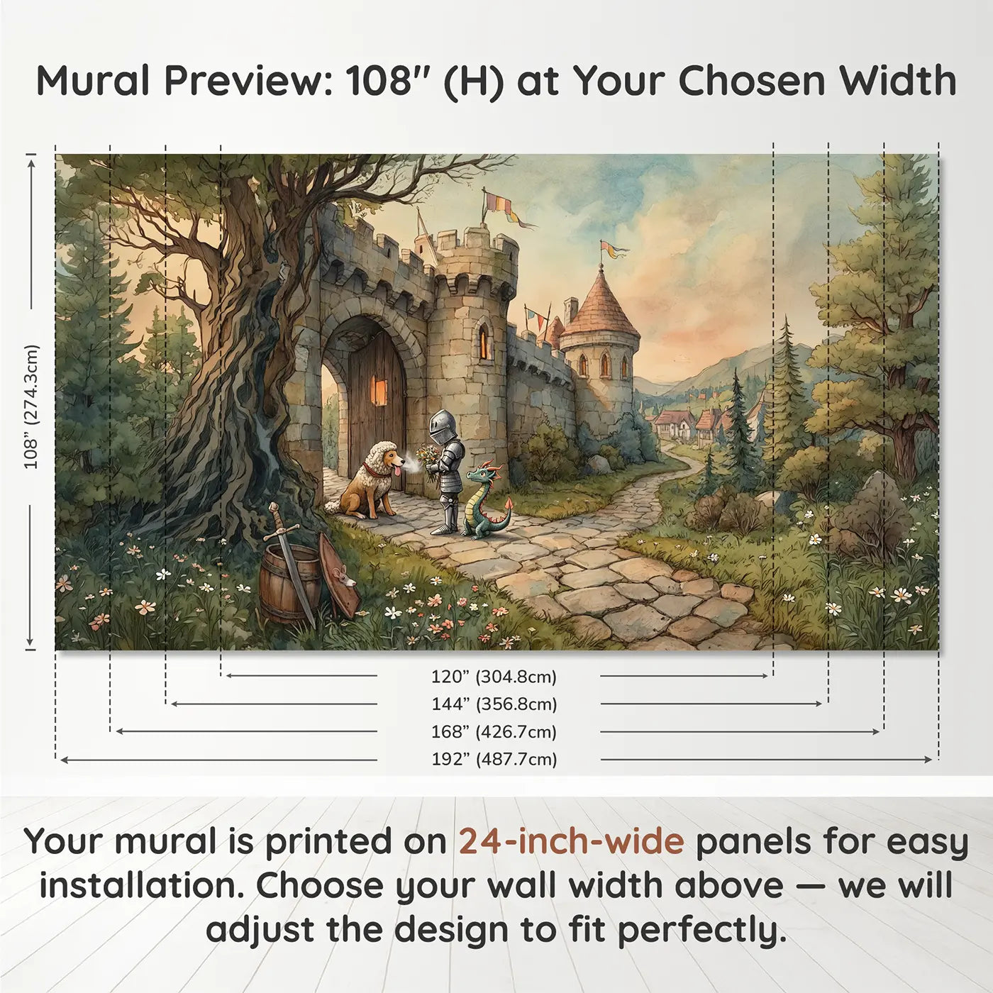 Panel layout and dimensions for Brave Knight and Dragon Wallpaper Mural by Whimsy Tots
