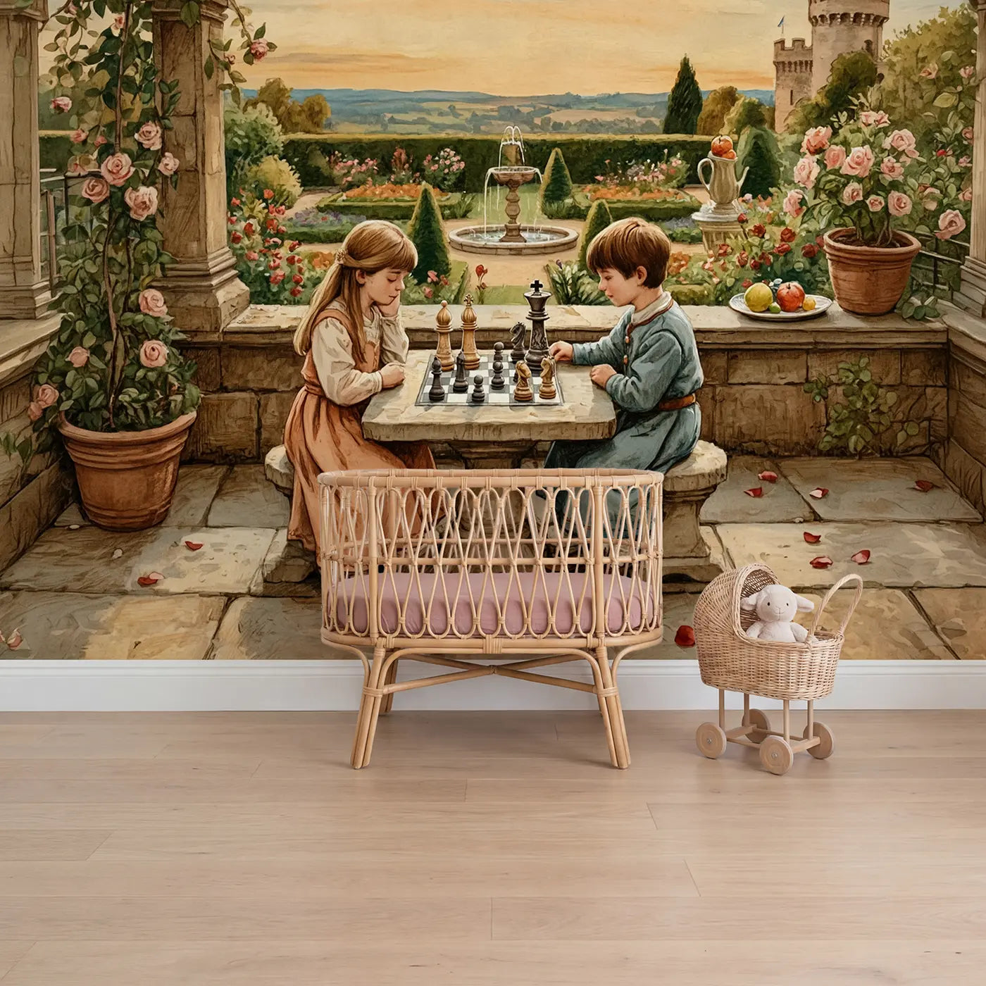Storybook castle terrace chess game wallpaper mural for nursery by Whimsy Tots
