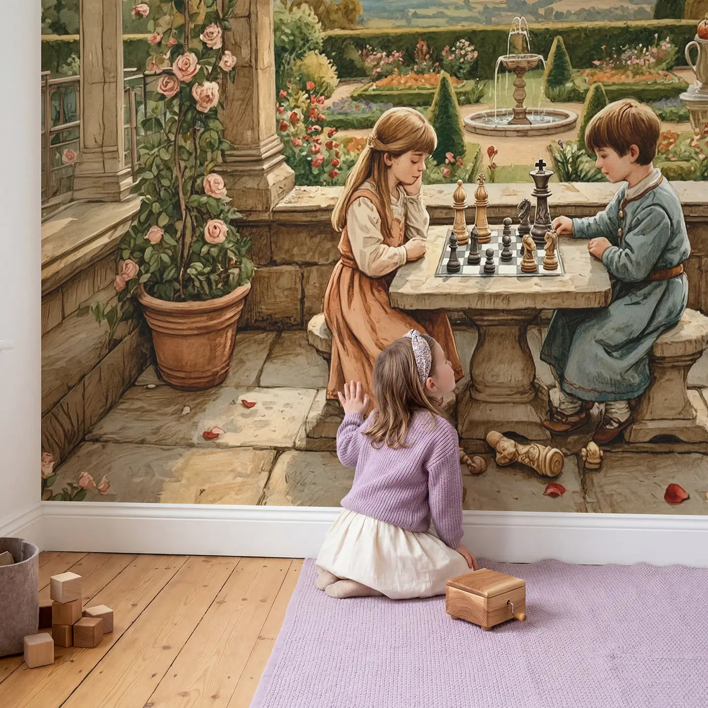 Child in nursery with Castle Terrace Chess Game Wallpaper Mural by Whimsy Tots