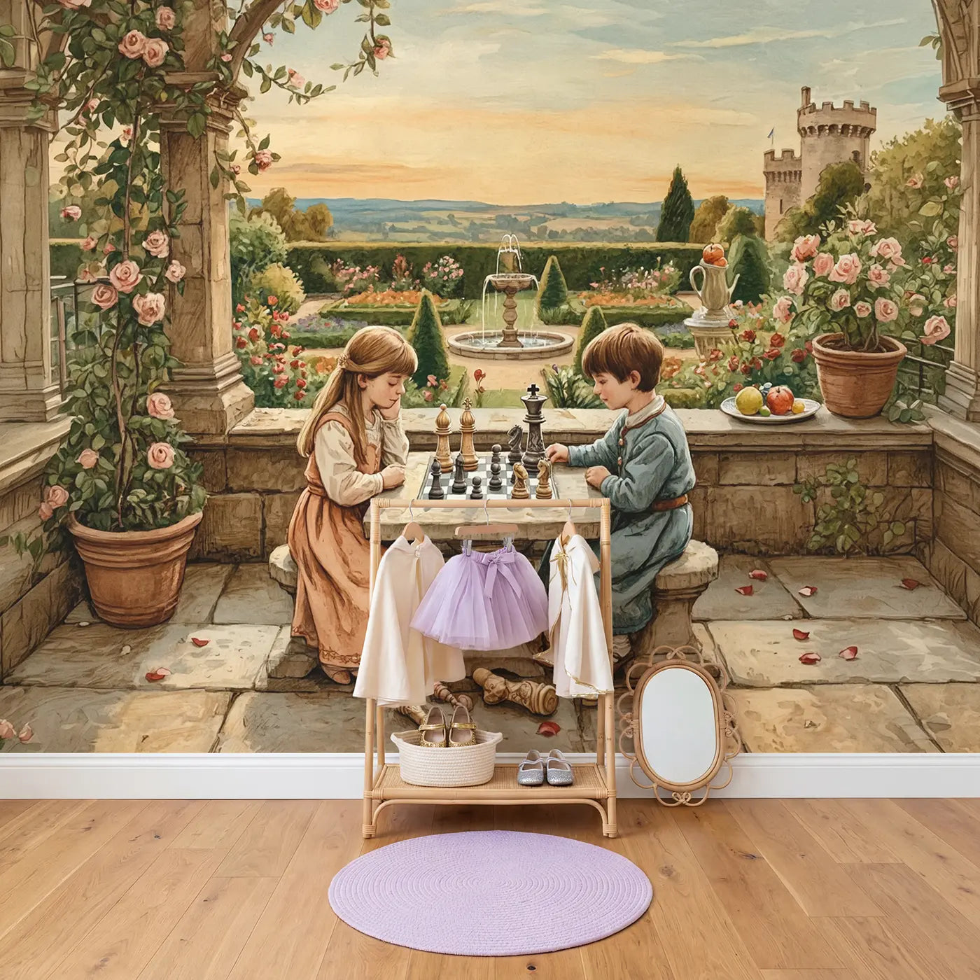 Castle Terrace Chess Game Wallpaper Mural in playroom setting by Whimsy Tots