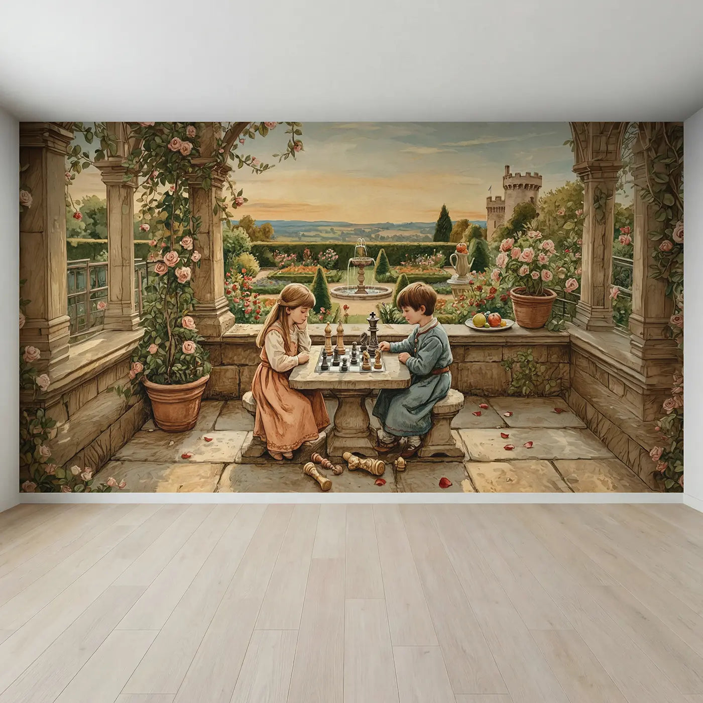 Full view of Castle Terrace Chess Game Wallpaper Mural by Whimsy Tots