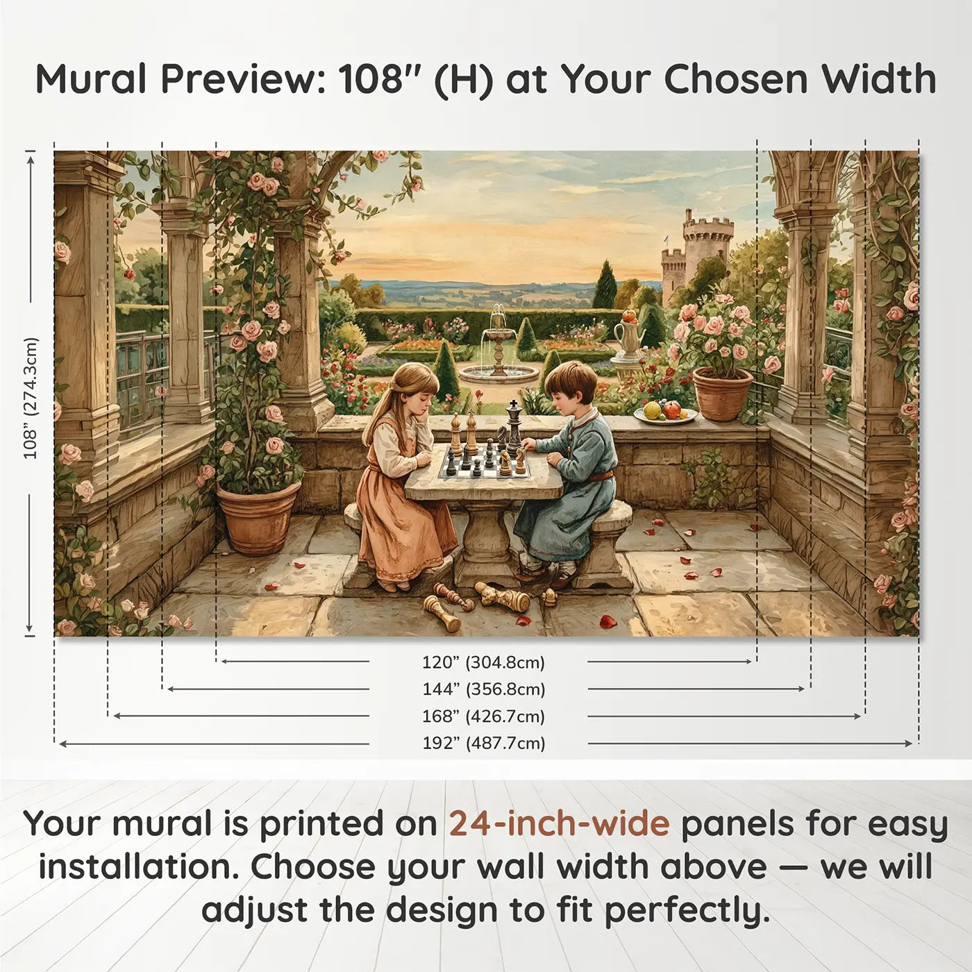 Panel layout and dimensions for Castle Terrace Chess Game Wallpaper Mural by Whimsy Tots