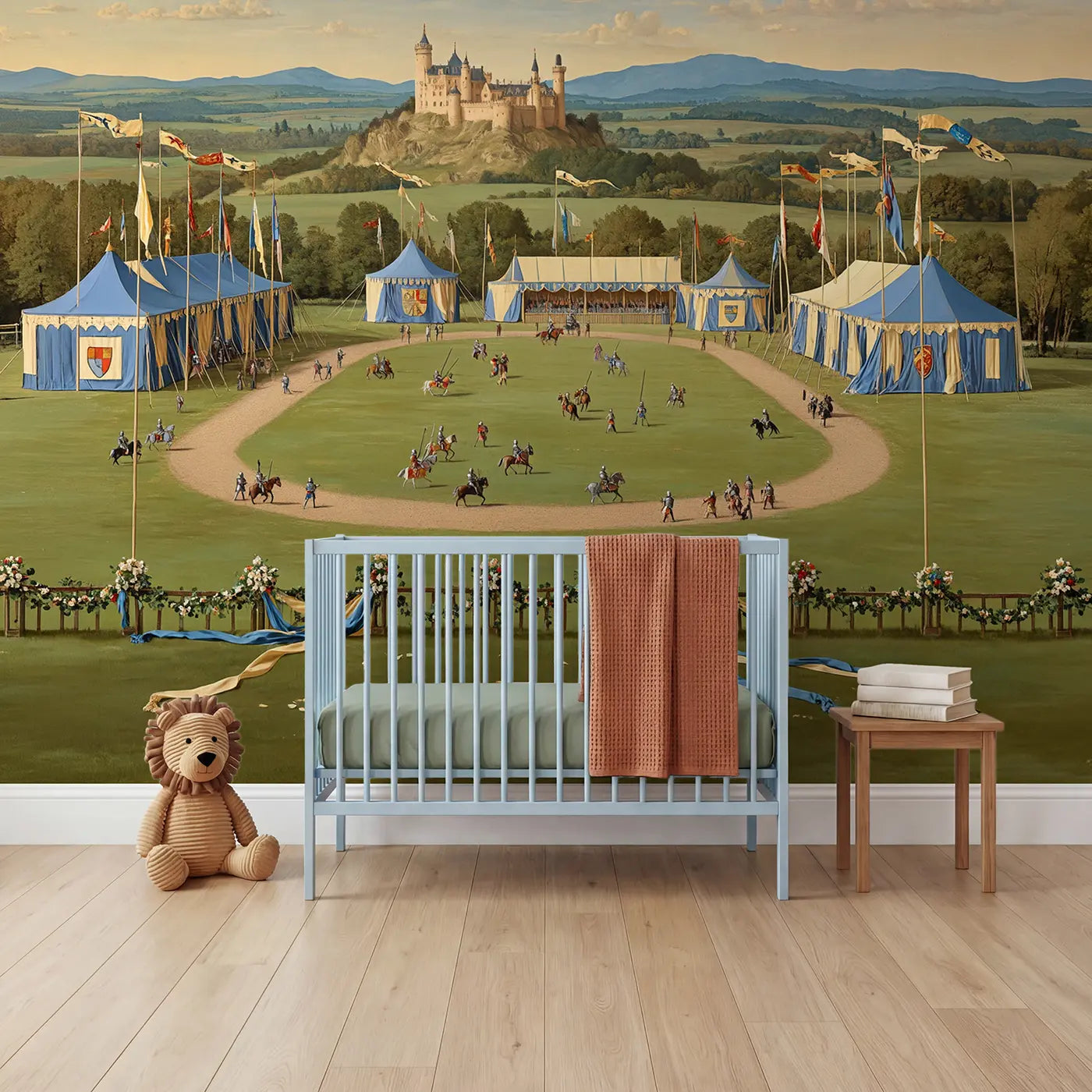 Botanical Elegance tournament field castle wallpaper mural for kids room by Whimsy Tots
