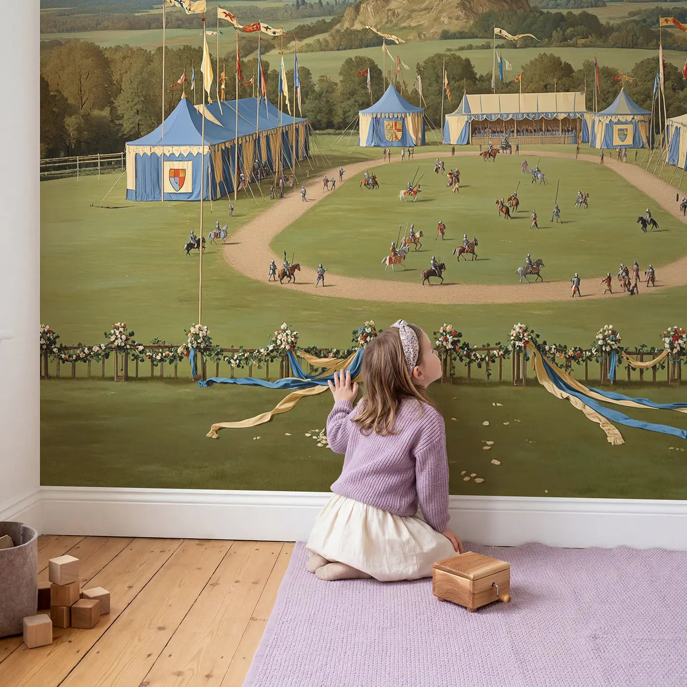 Child in nursery with Tournament Field Castle Wallpaper Mural by Whimsy Tots