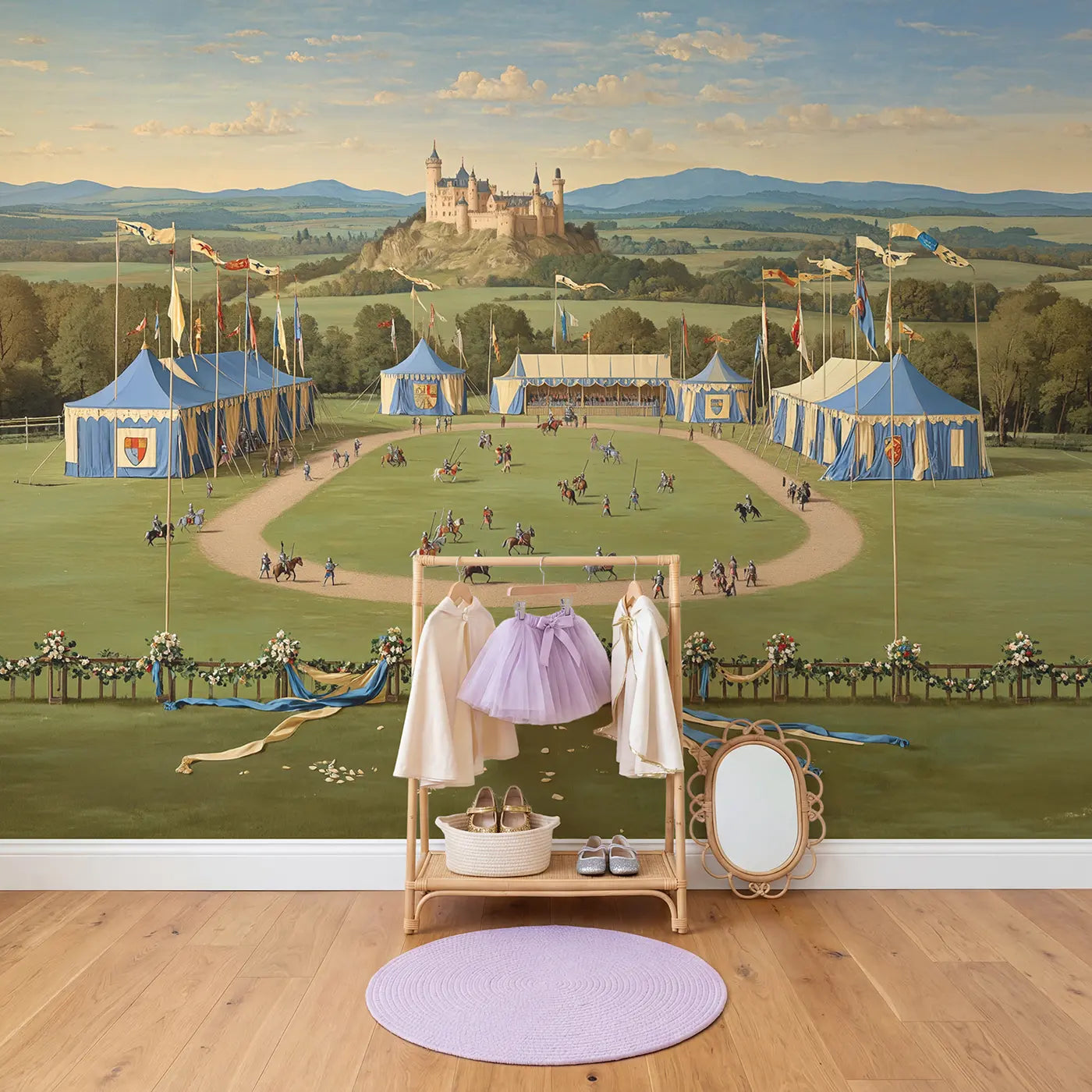 Tournament Field Castle Wallpaper Mural in playroom setting by Whimsy Tots