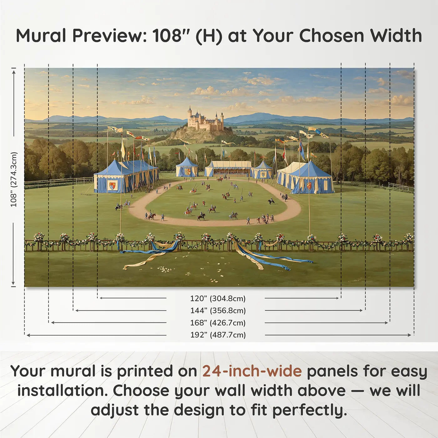 Panel layout and dimensions for Tournament Field Castle Wallpaper Mural by Whimsy Tots