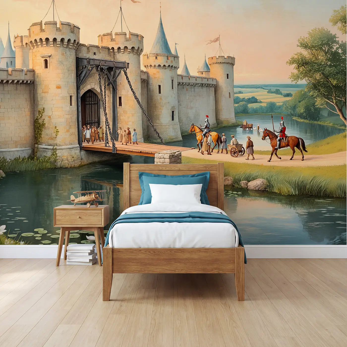 Soft Pastel castle drawbridge welcome morning wallpaper mural for boys room by Whimsy Tots