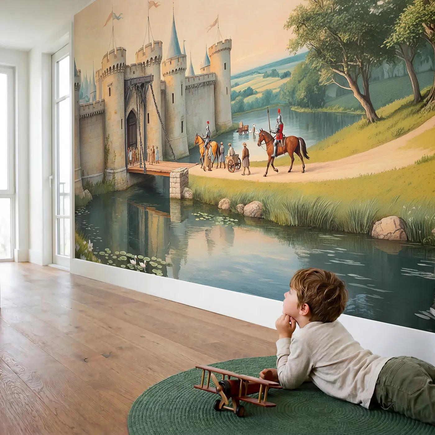 Child in nursery with Castle Drawbridge Welcome Morning Wallpaper Mural by Whimsy Tots