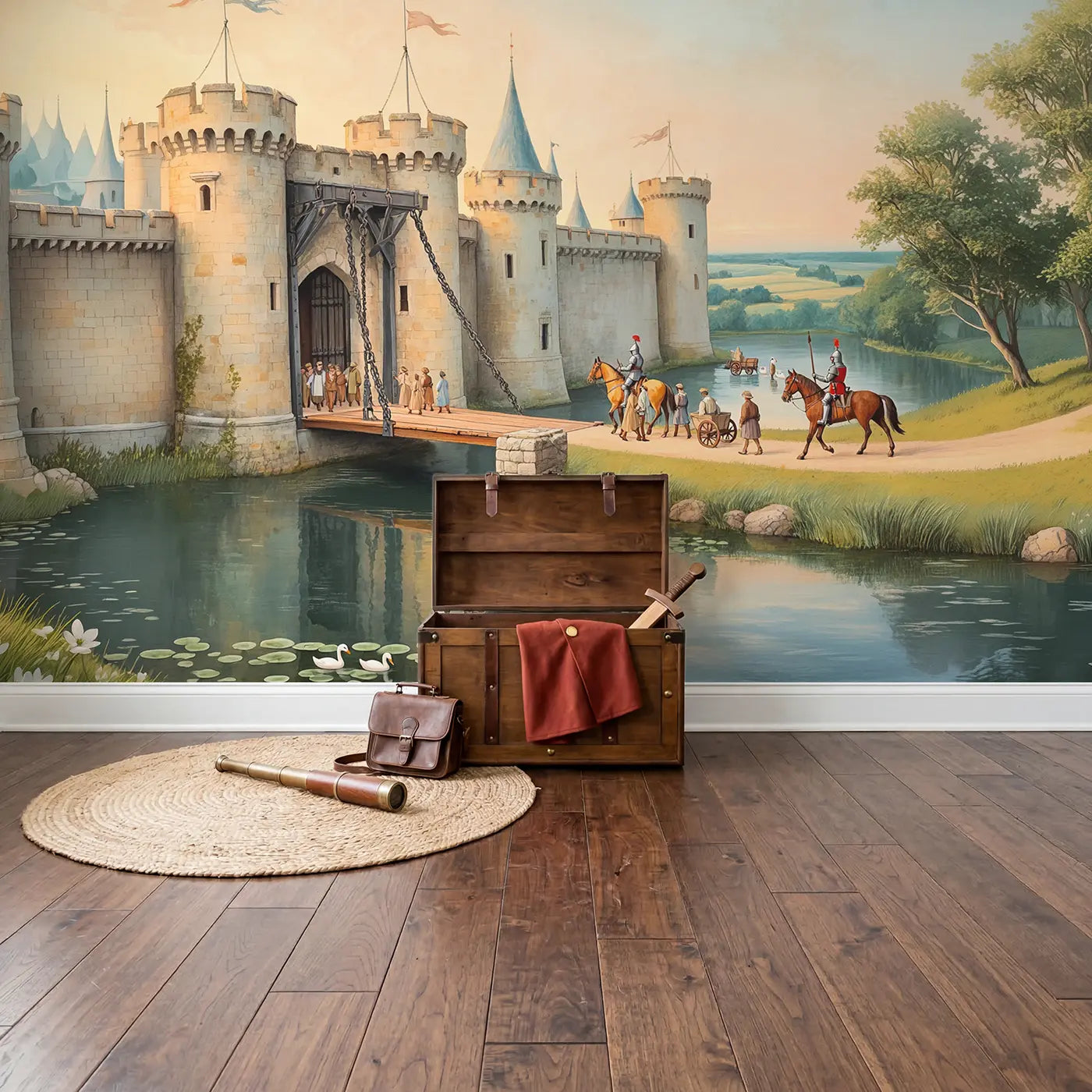 Castle Drawbridge Welcome Morning Wallpaper Mural in playroom setting by Whimsy Tots