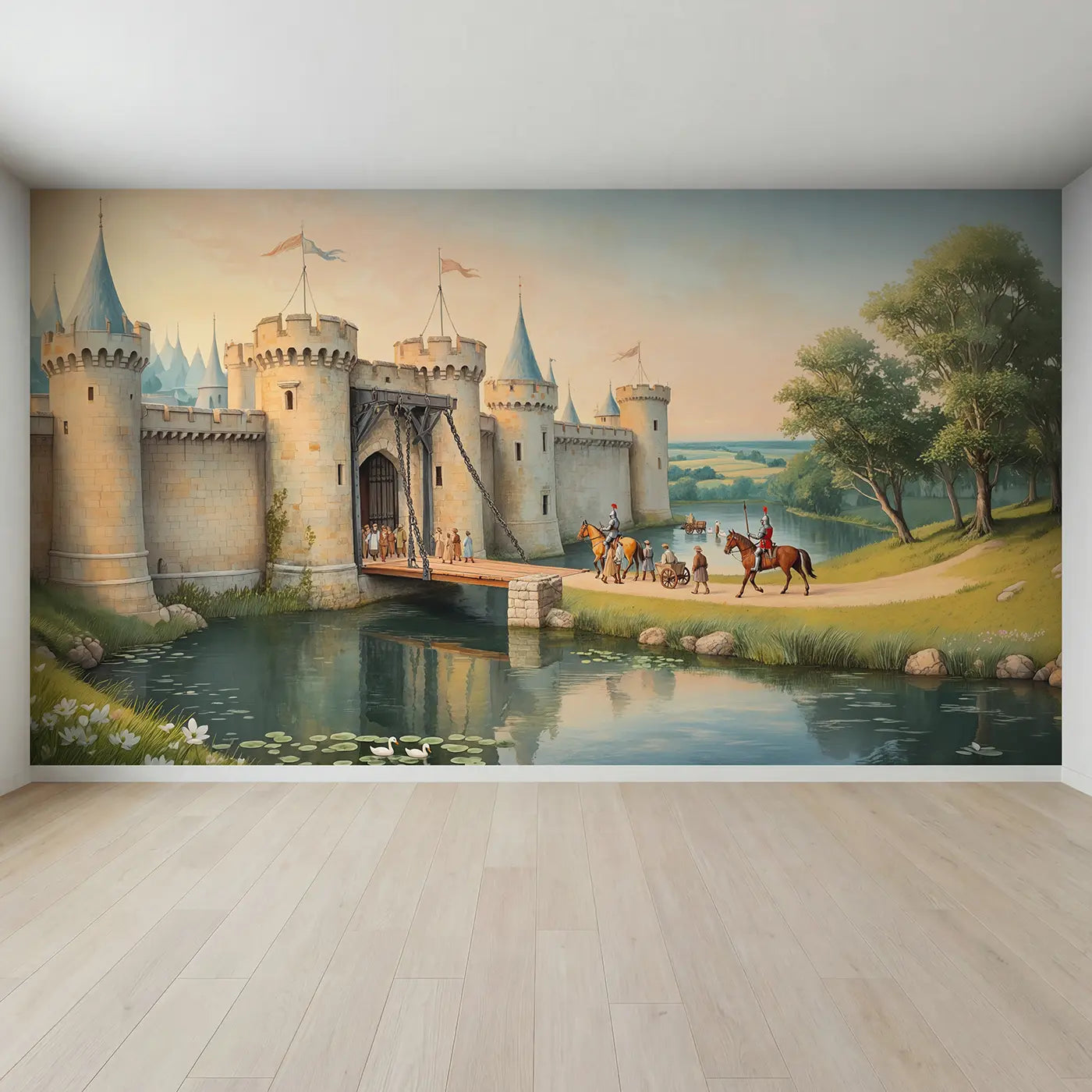 Full view of Castle Drawbridge Welcome Morning Wallpaper Mural by Whimsy Tots