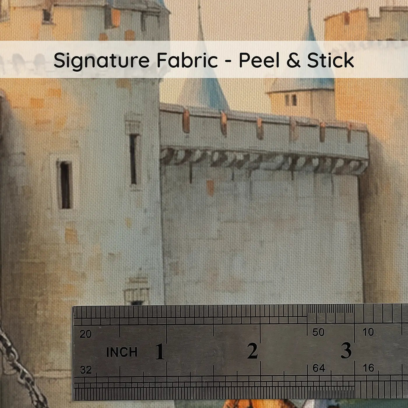 Fabric texture close-up of Castle Drawbridge Welcome Morning Wallpaper Mural by Whimsy Tots