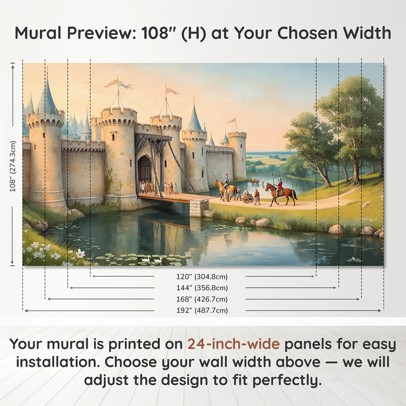 Panel layout and dimensions for Castle Drawbridge Welcome Morning Wallpaper Mural by Whimsy Tots