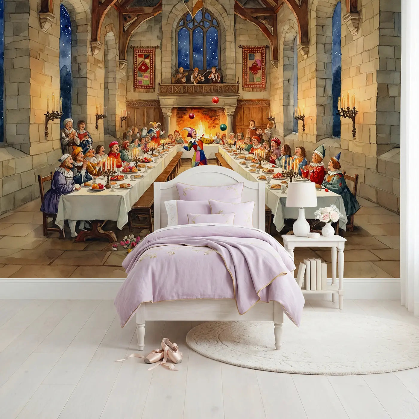 Watercolor castle royal feast banners wallpaper mural for girls room by Whimsy Tots