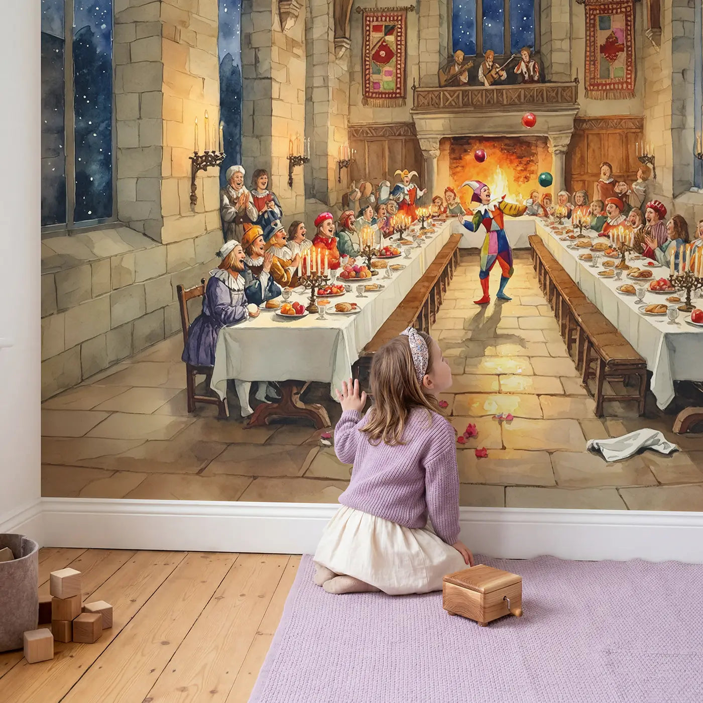 Child in nursery with Castle Royal Feast Wallpaper Mural by Whimsy Tots