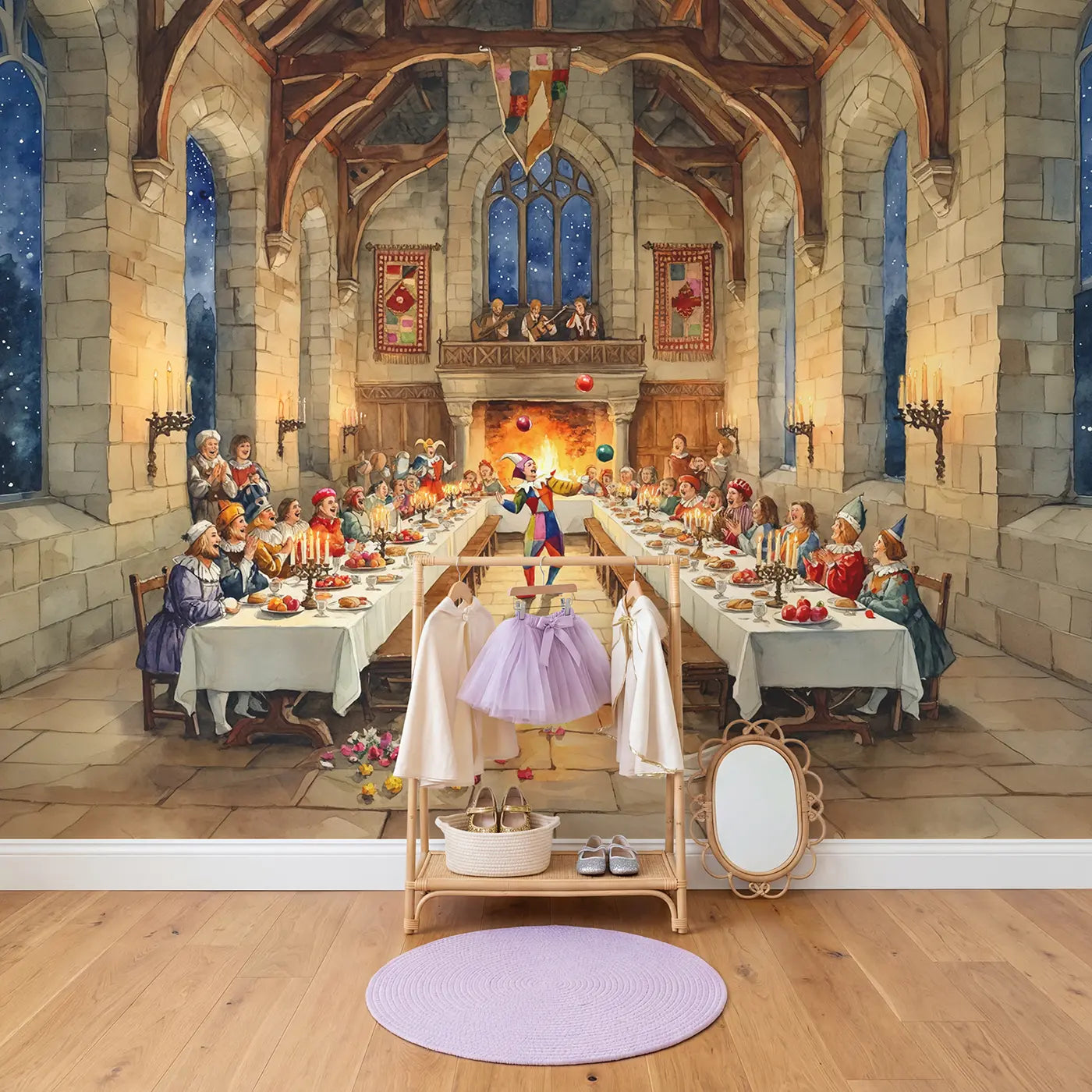 Castle Royal Feast Wallpaper Mural in playroom setting by Whimsy Tots