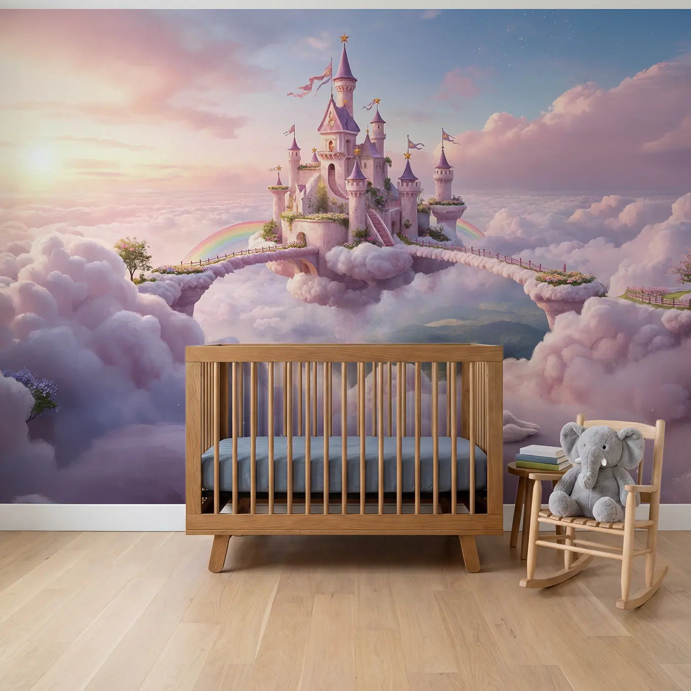 Soft pastel castle and cloud castle wallpaper mural for boys room by Whimsy Tots
