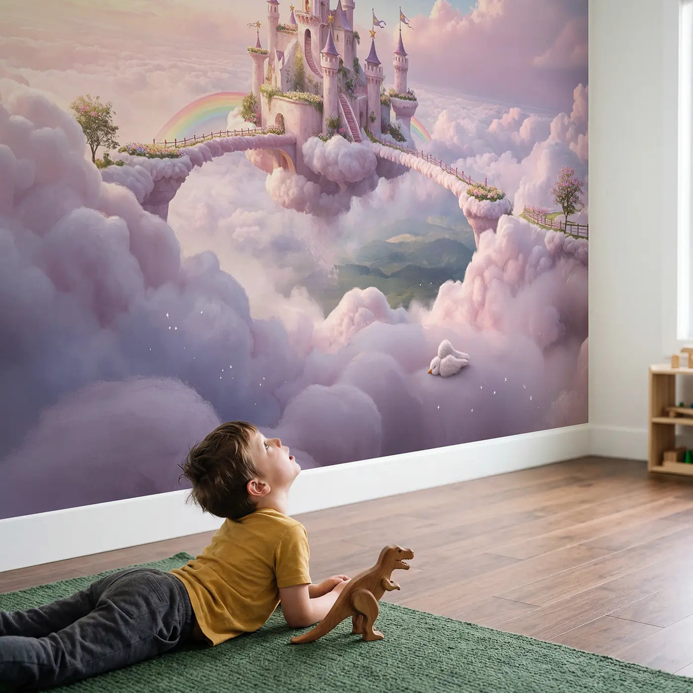 Child in nursery with Cloud Castle Kingdom Wallpaper Mural by Whimsy Tots