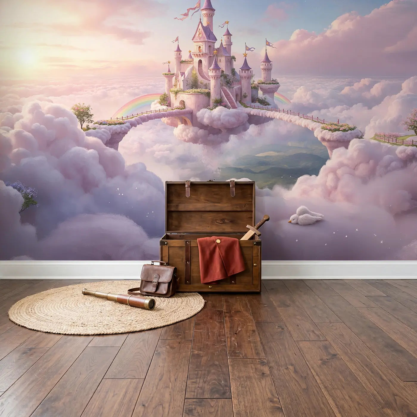 Cloud Castle Kingdom Wallpaper Mural in playroom setting by Whimsy Tots