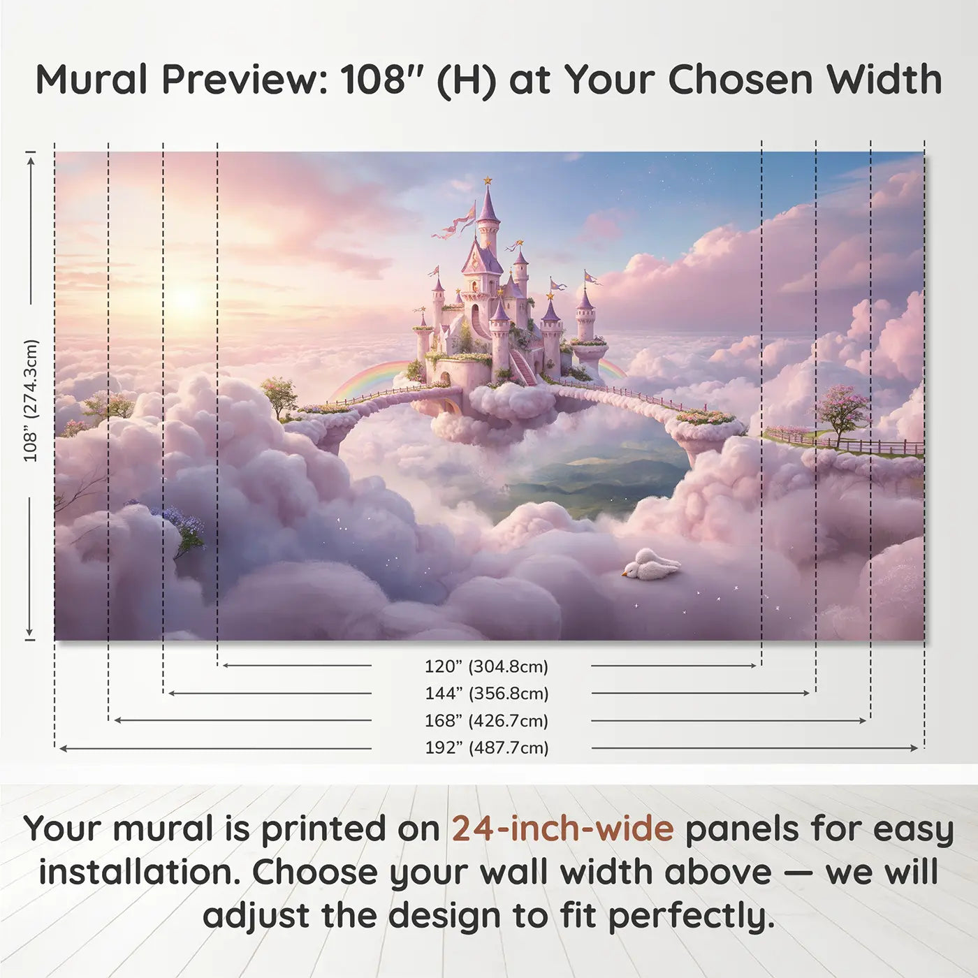 Panel layout and dimensions for Cloud Castle Kingdom Wallpaper Mural by Whimsy Tots