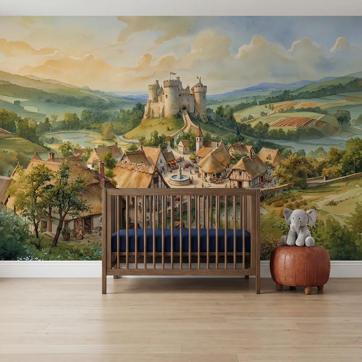 Watercolor medieval castle village wallpaper mural for kids room by Whimsy Tots