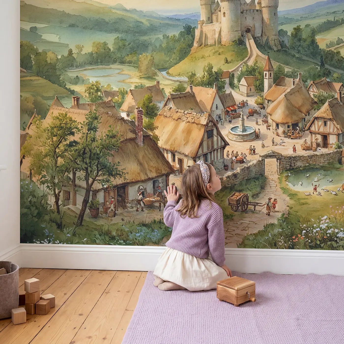 Child in nursery with Medieval Village Castle Wallpaper Mural by Whimsy Tots