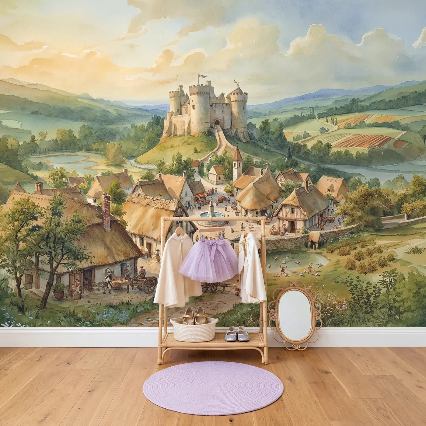 Medieval Village Castle Wallpaper Mural in playroom setting by Whimsy Tots