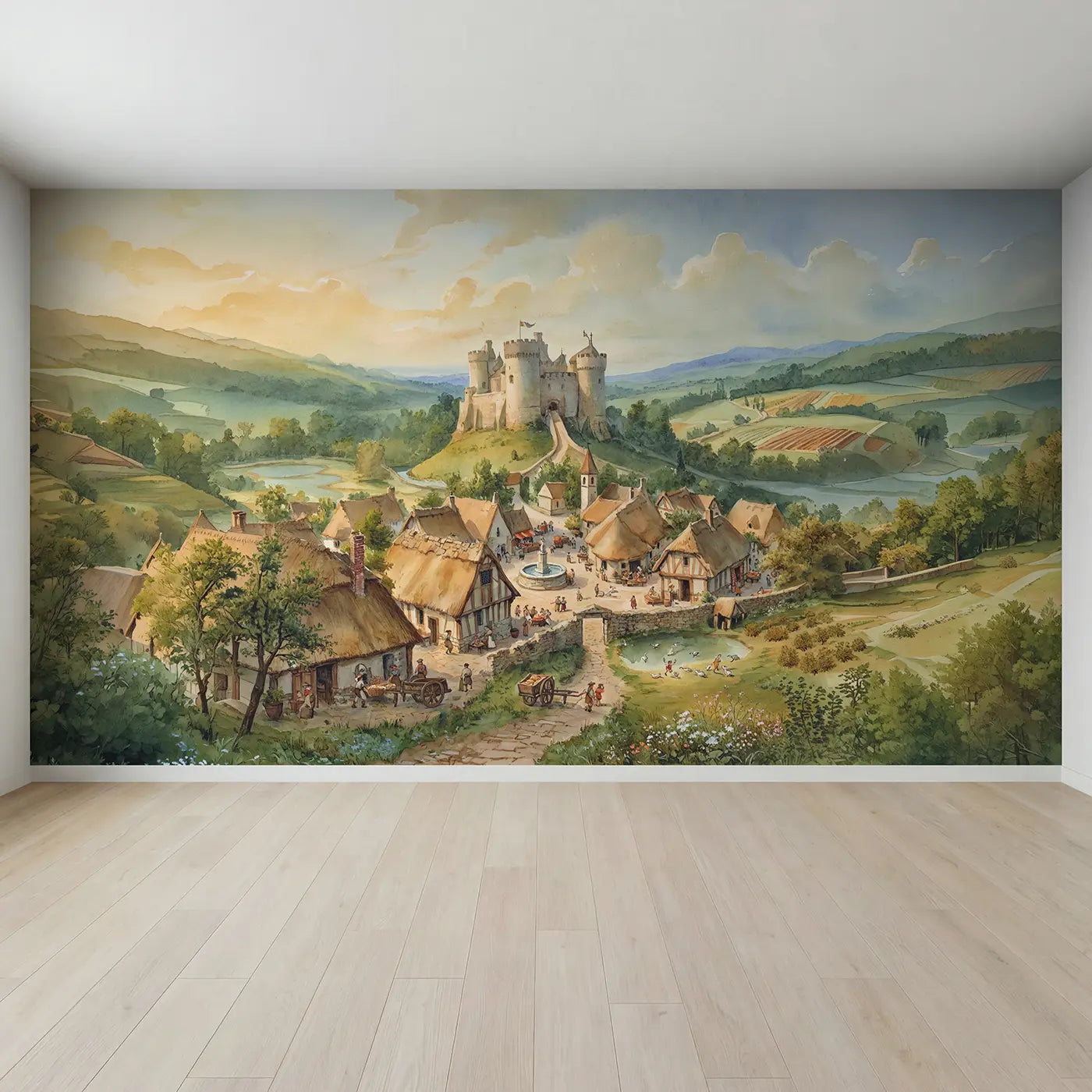Full view of Medieval Village Castle Wallpaper Mural by Whimsy Tots