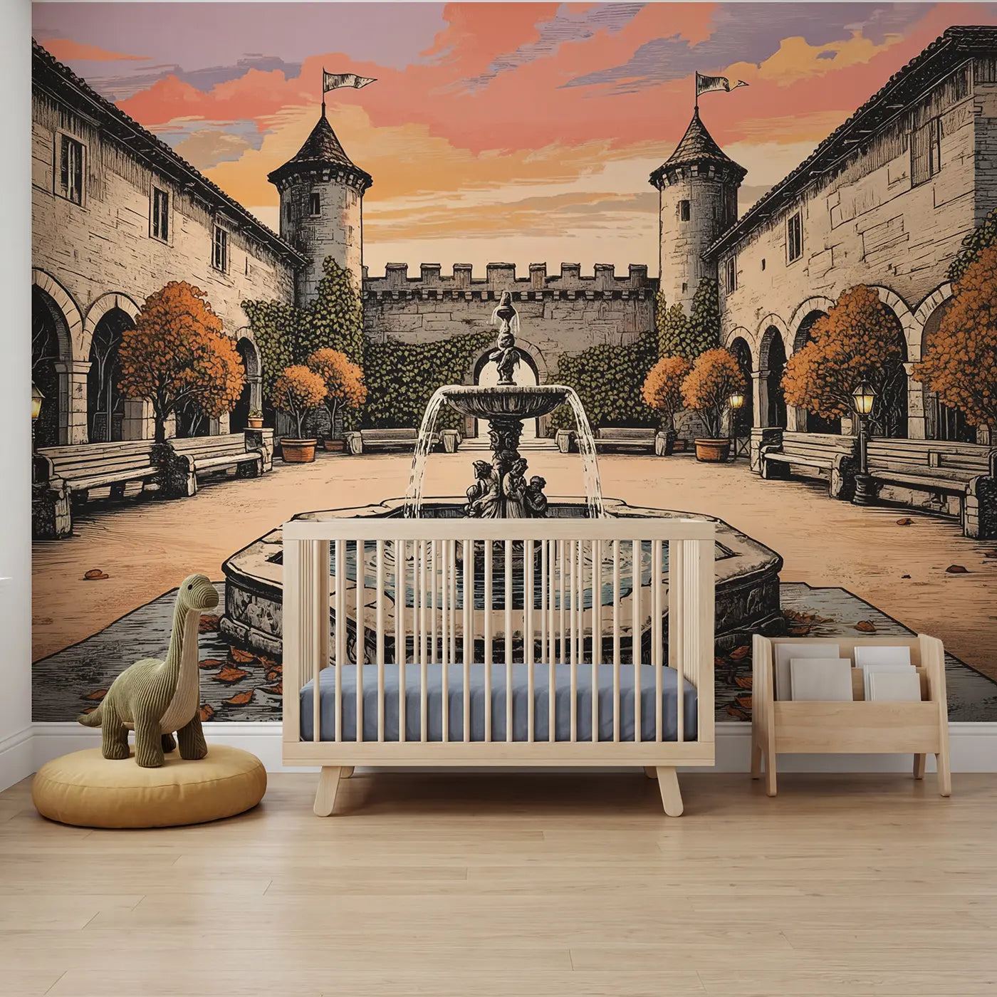 block print castle courtyard fountain dusk wallpaper mural for boys nursery by Whimsy Tots
