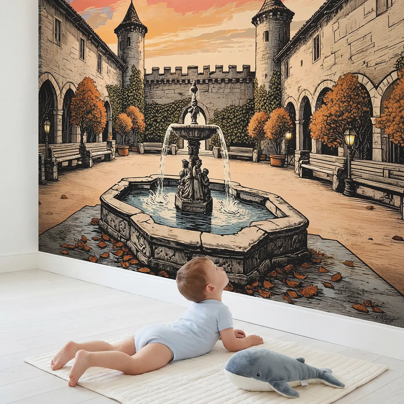 Child in nursery with Castle Courtyard Fountain Dusk Wallpaper Mural by Whimsy Tots