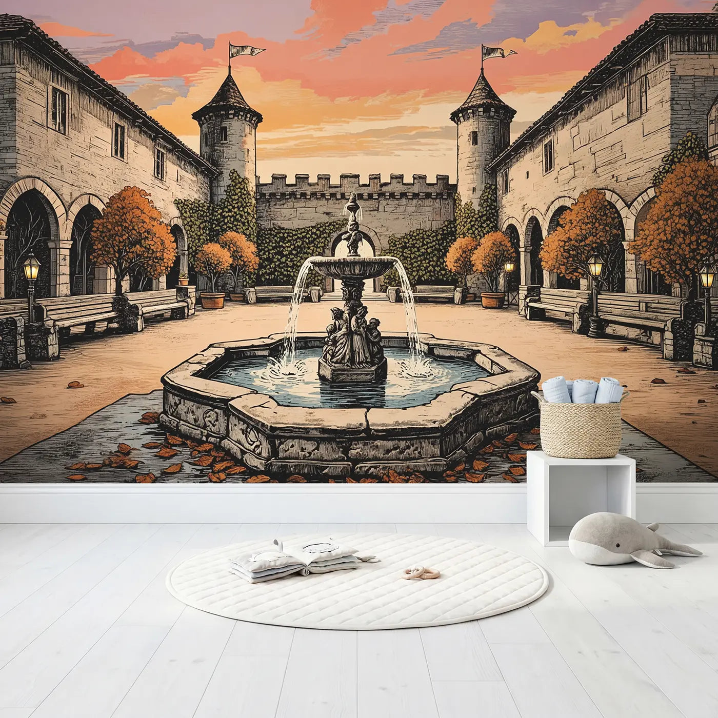 Castle Courtyard Fountain Dusk Wallpaper Mural in playroom setting by Whimsy Tots
