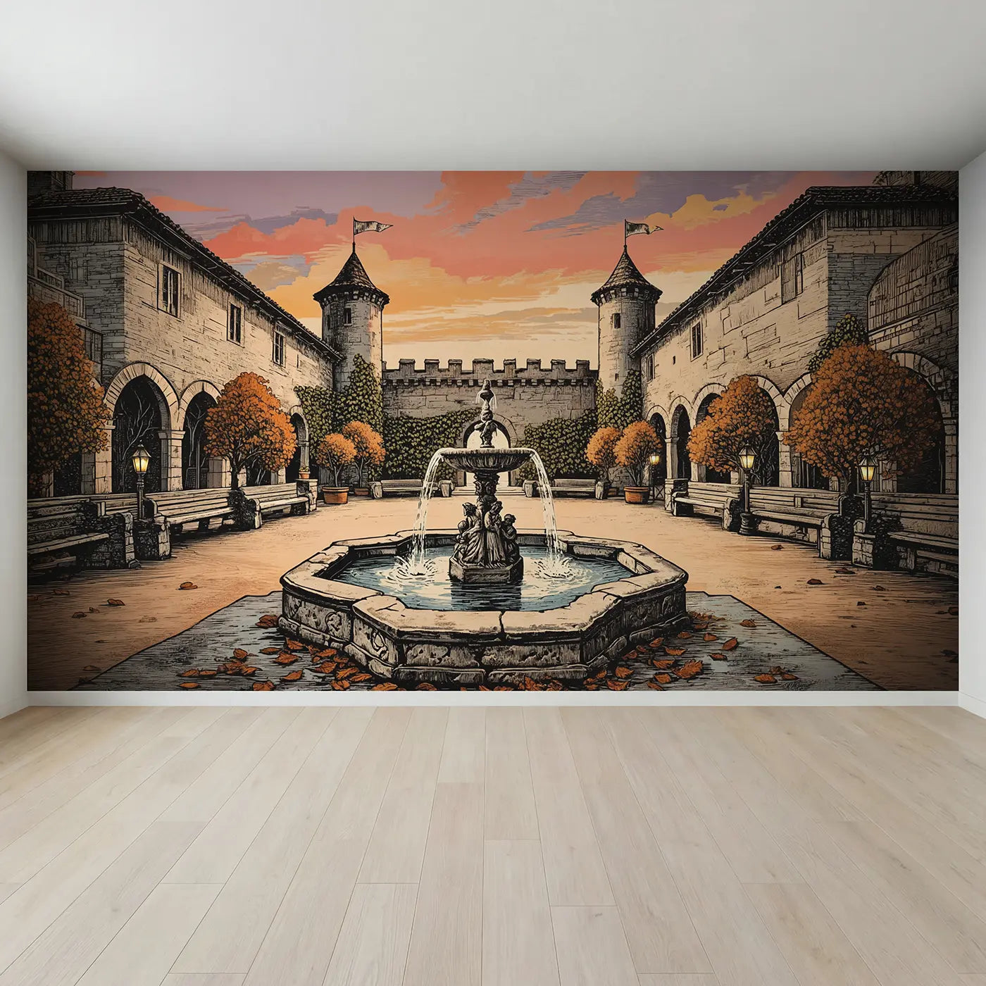 Full view of Castle Courtyard Fountain Dusk Wallpaper Mural by Whimsy Tots