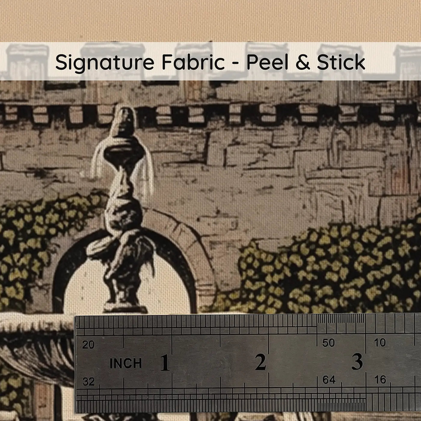 Fabric texture close-up of Castle Courtyard Fountain Dusk Wallpaper Mural by Whimsy Tots
