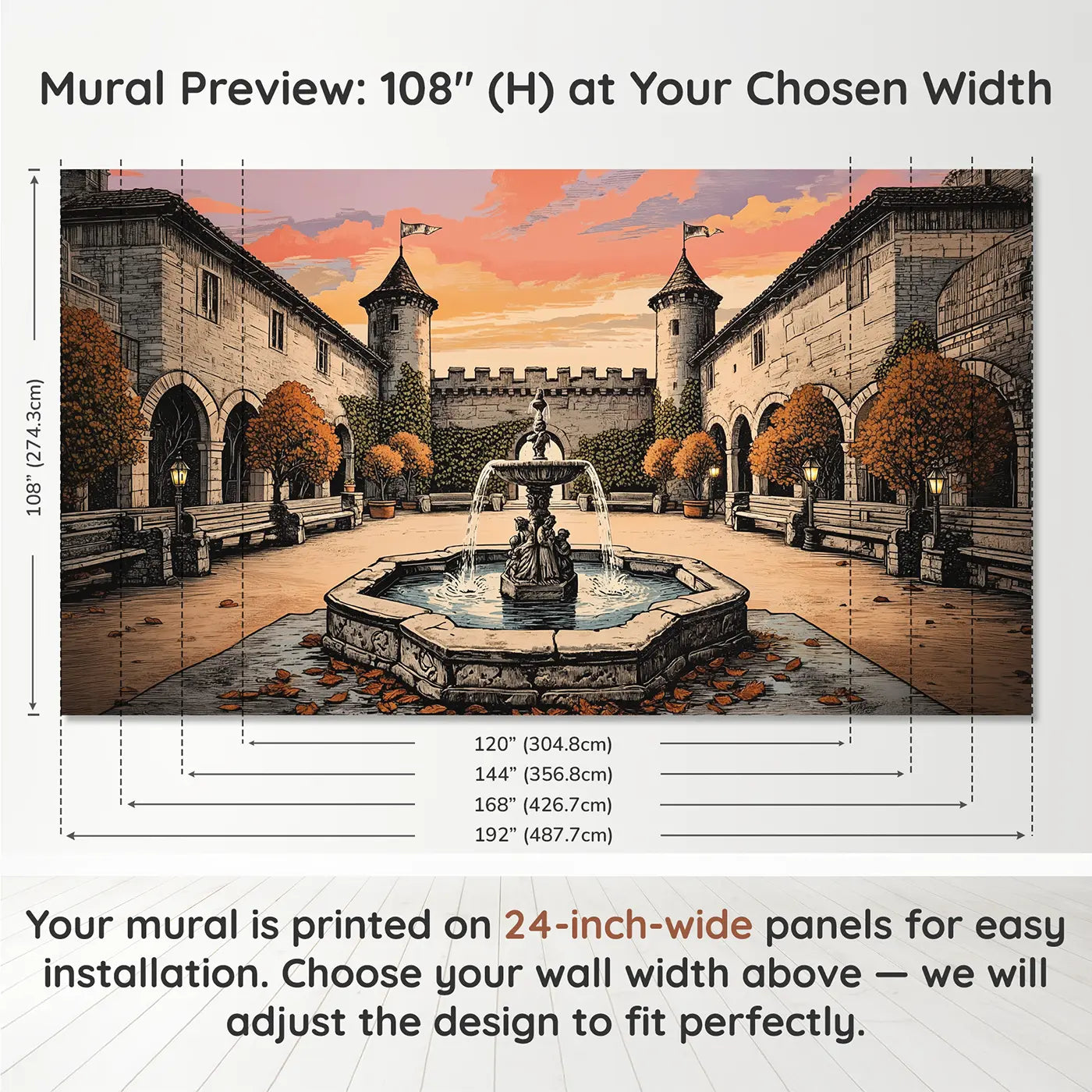 Panel layout and dimensions for Castle Courtyard Fountain Dusk Wallpaper Mural by Whimsy Tots
