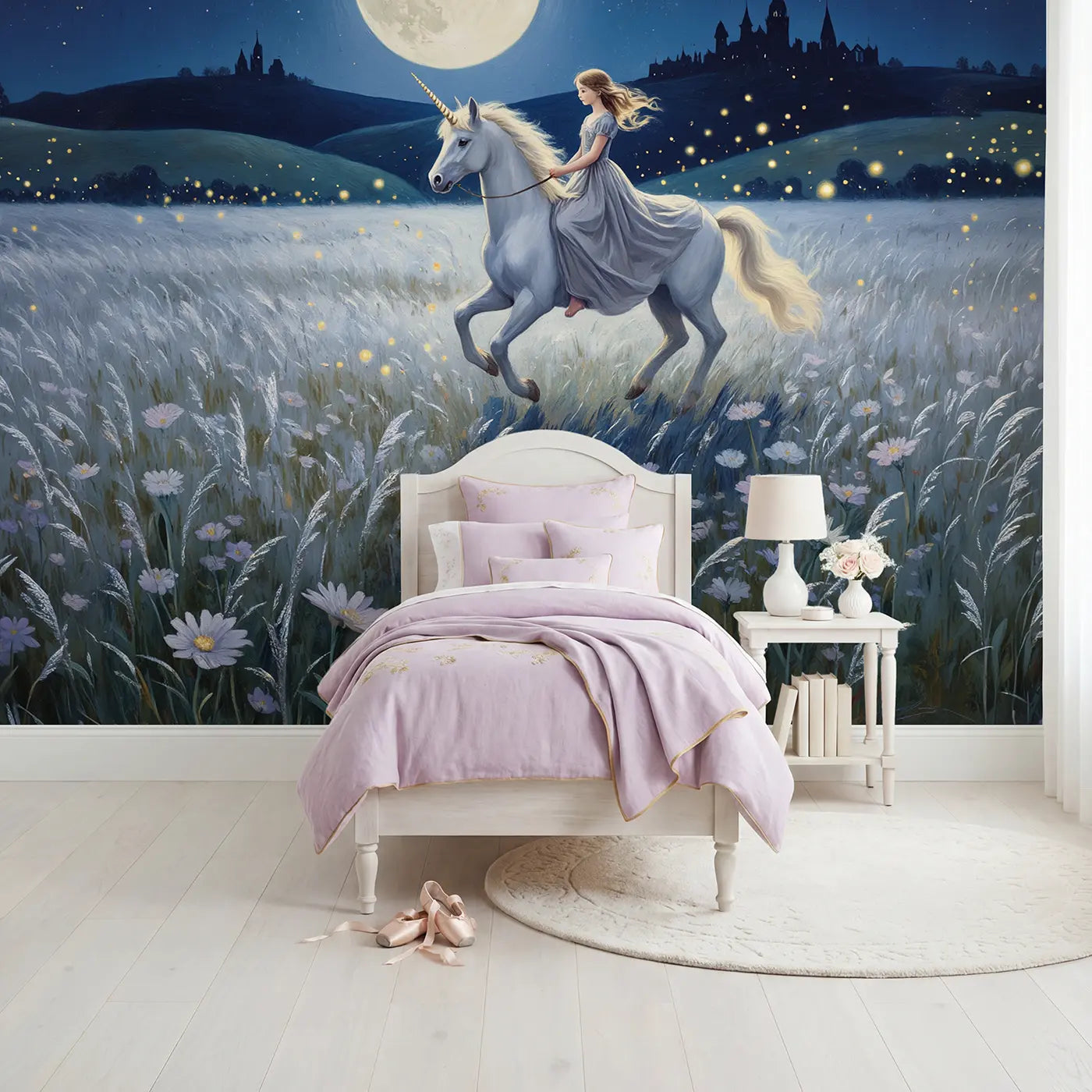 Painted Landscape moonlit princess unicorn ride wallpaper mural for kids room by Whimsy Tots