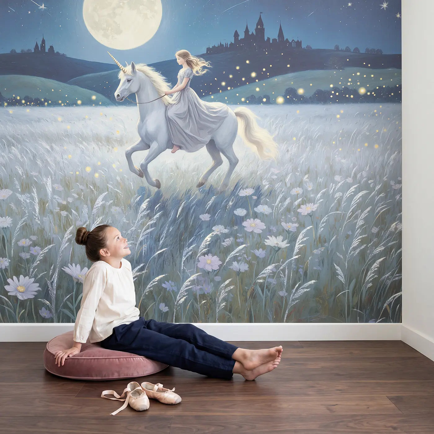 Child in nursery with Moonlit Princess Unicorn Ride Wallpaper Mural by Whimsy Tots