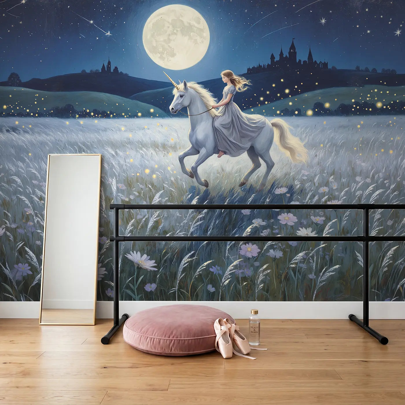 Moonlit Princess Unicorn Ride Wallpaper Mural in playroom setting by Whimsy Tots
