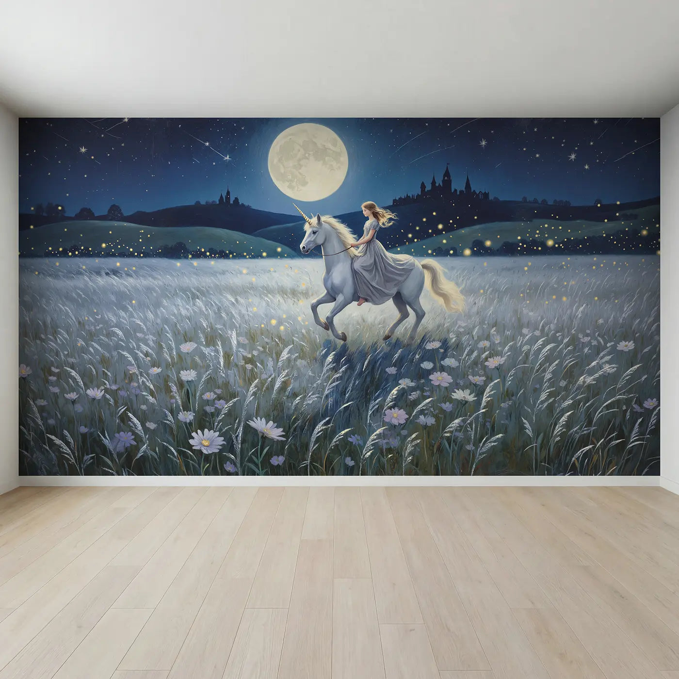 Full view of Moonlit Princess Unicorn Ride Wallpaper Mural by Whimsy Tots