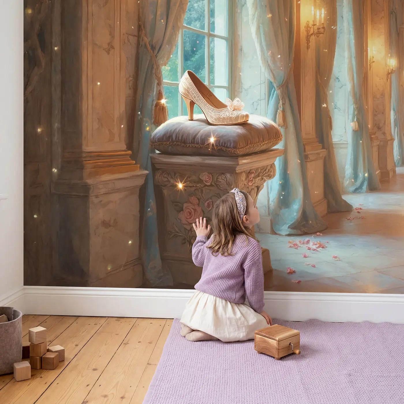 Child in nursery with Crystal Slipper Palace Wallpaper Mural by Whimsy Tots