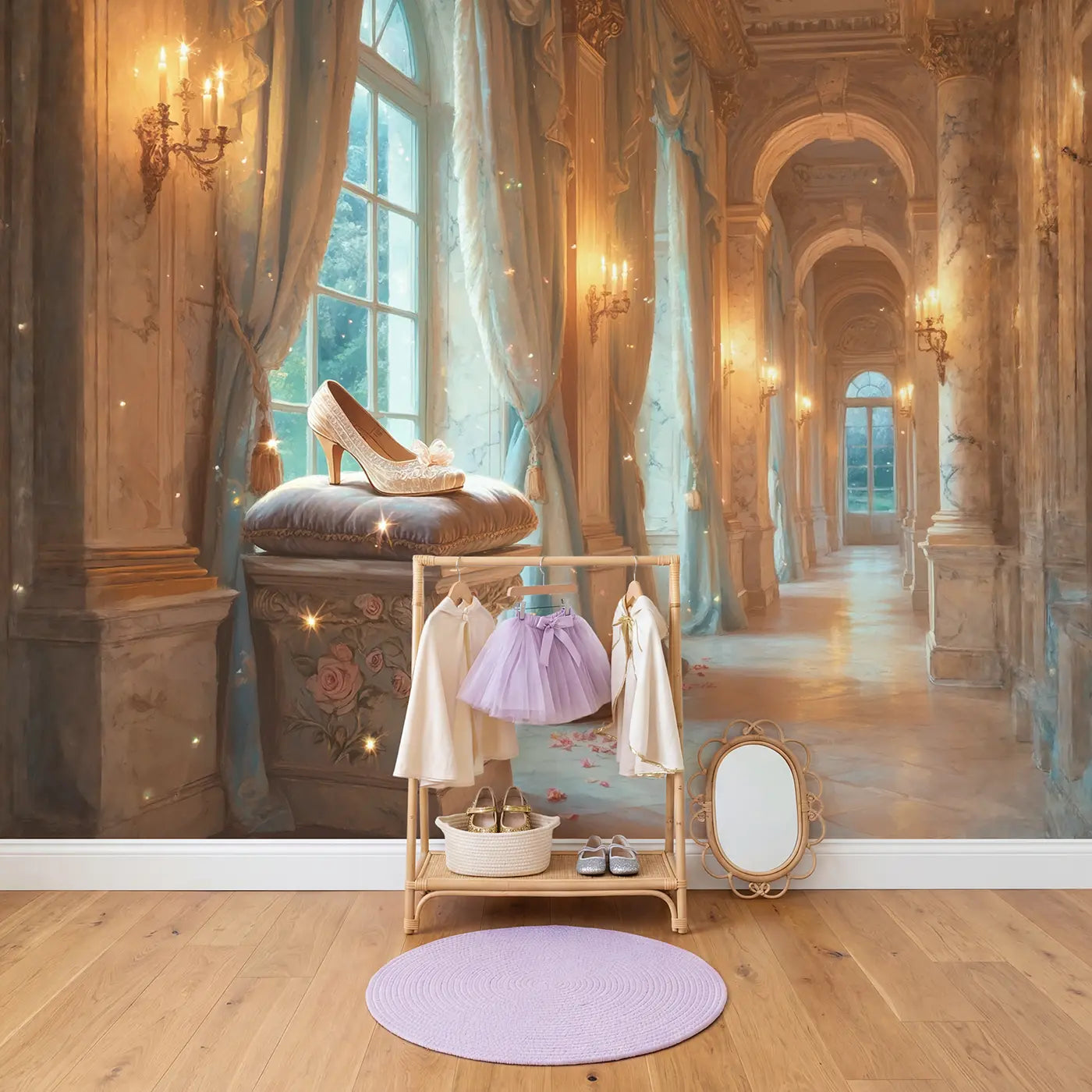 Crystal Slipper Palace Wallpaper Mural in playroom setting by Whimsy Tots