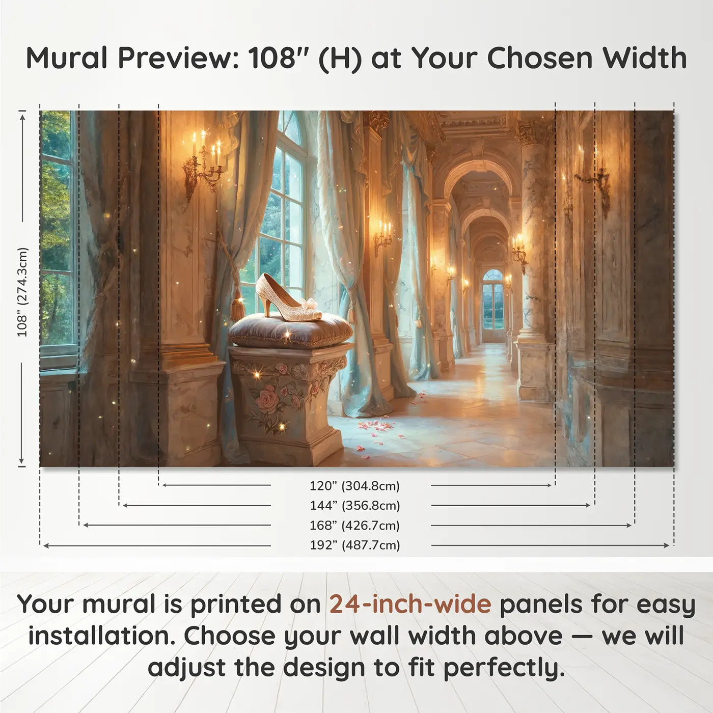 Panel layout and dimensions for Crystal Slipper Palace Wallpaper Mural by Whimsy Tots