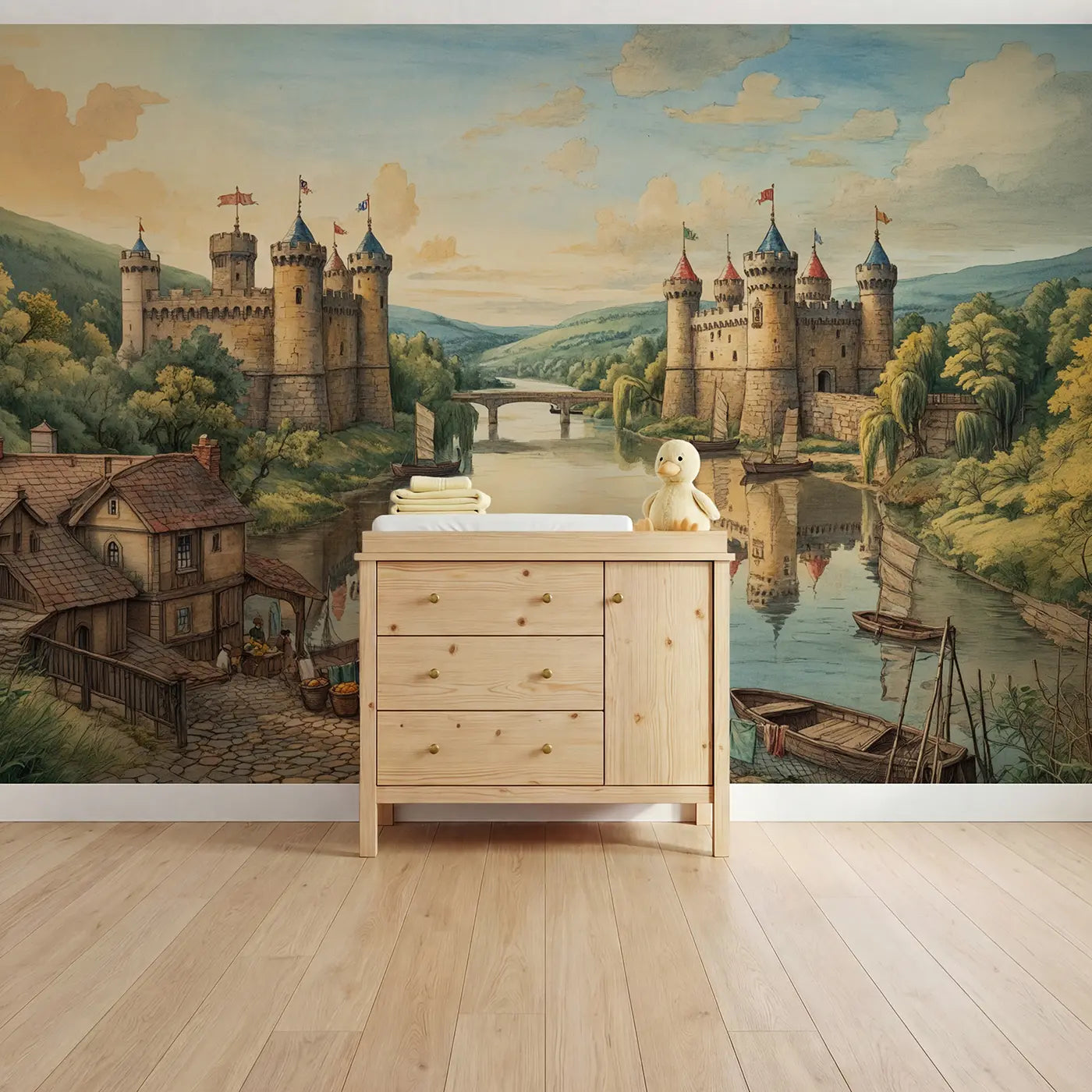 storybook twin river castles wallpaper mural for kids room by Whimsy Tots
