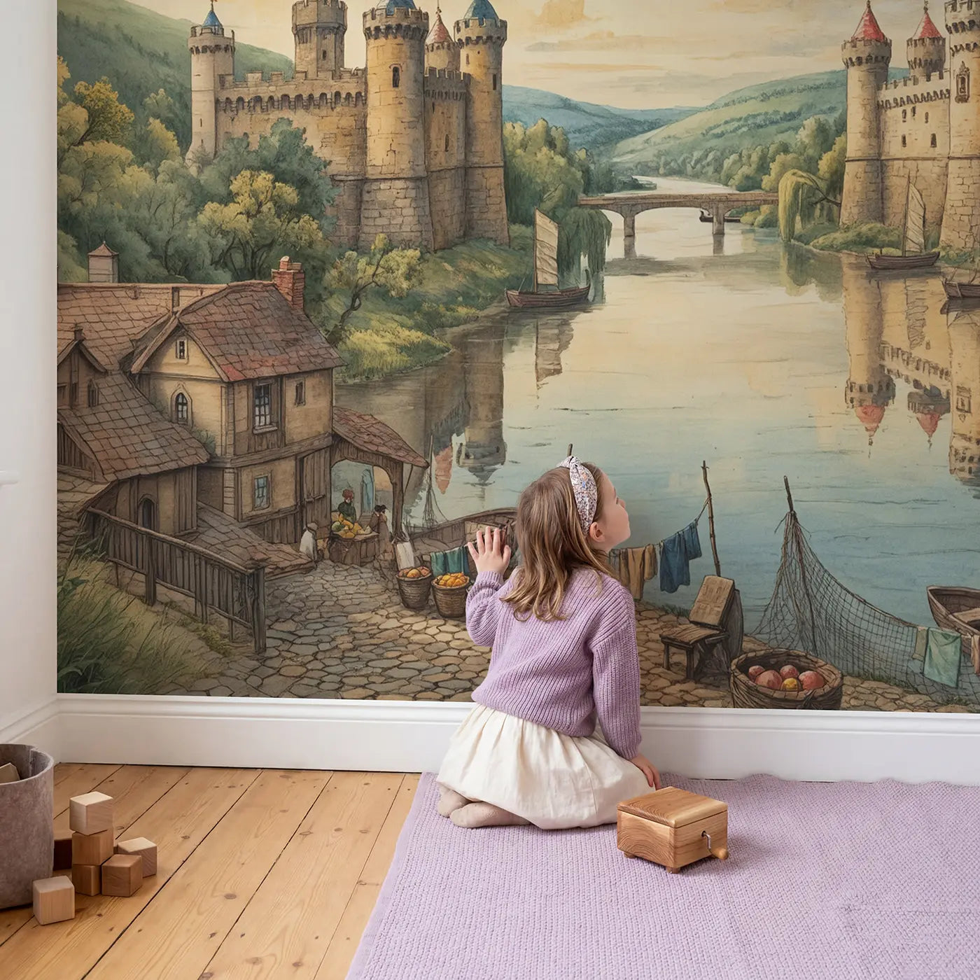 Child in nursery with Twin River Castles Wallpaper Mural by Whimsy Tots