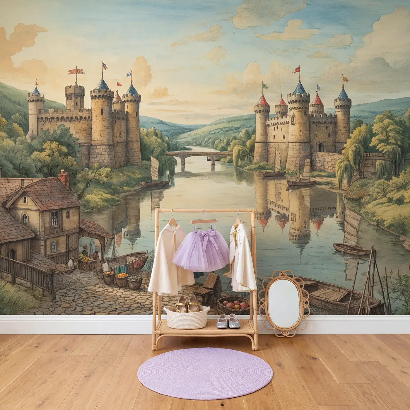 Twin River Castles Wallpaper Mural in playroom setting by Whimsy Tots