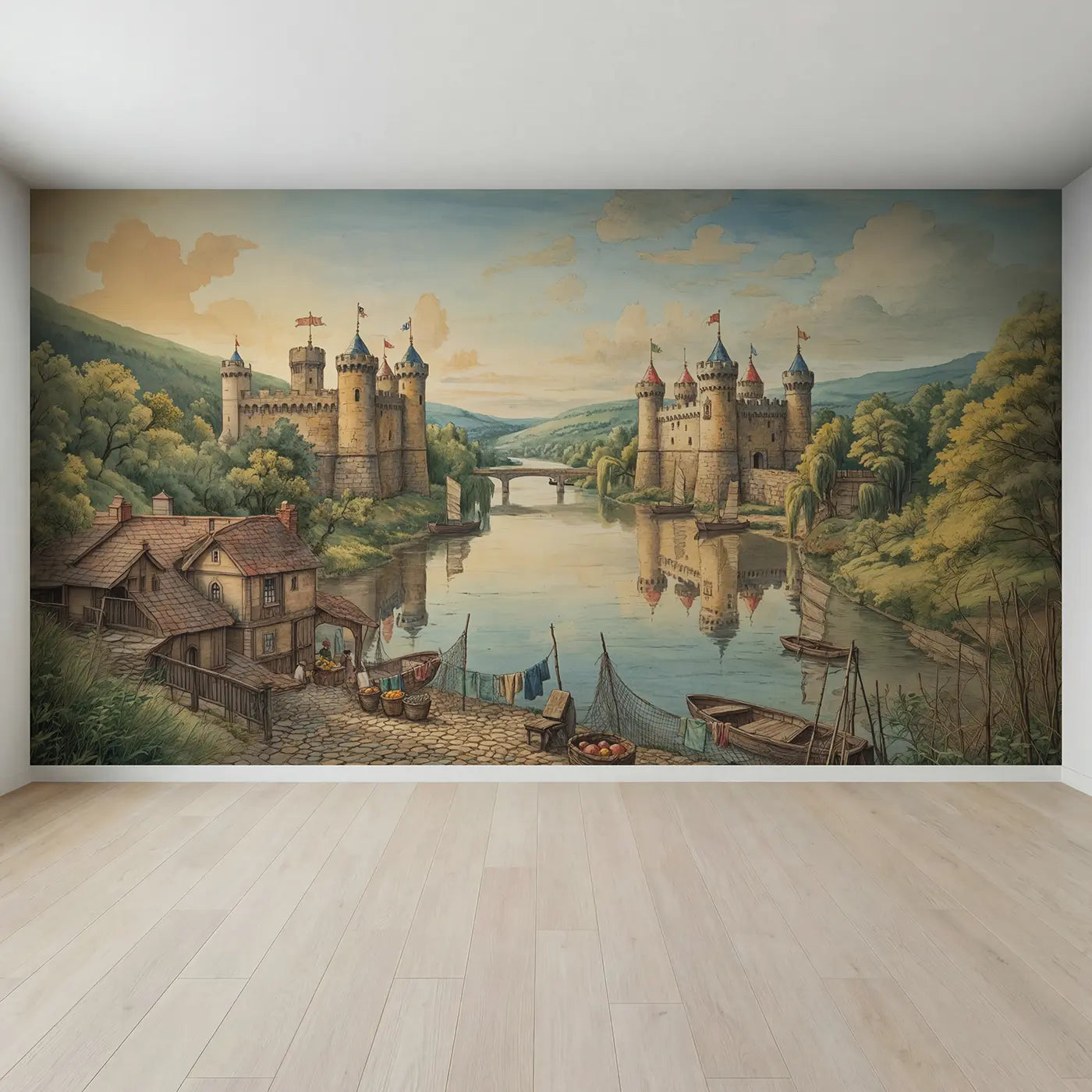 Full view of Twin River Castles Wallpaper Mural by Whimsy Tots
