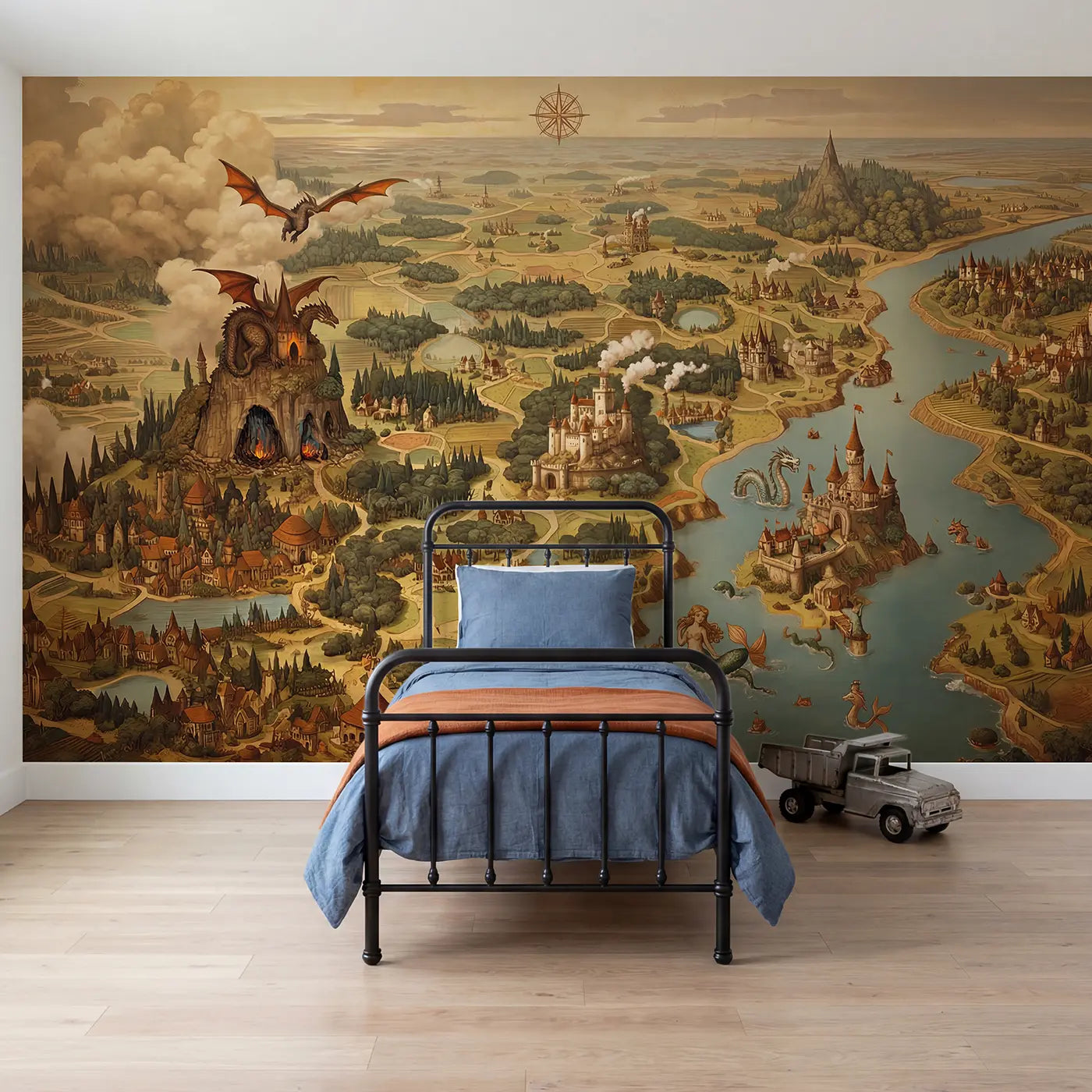 Painted castle and tower wallpaper mural for boys room by Whimsy Tots